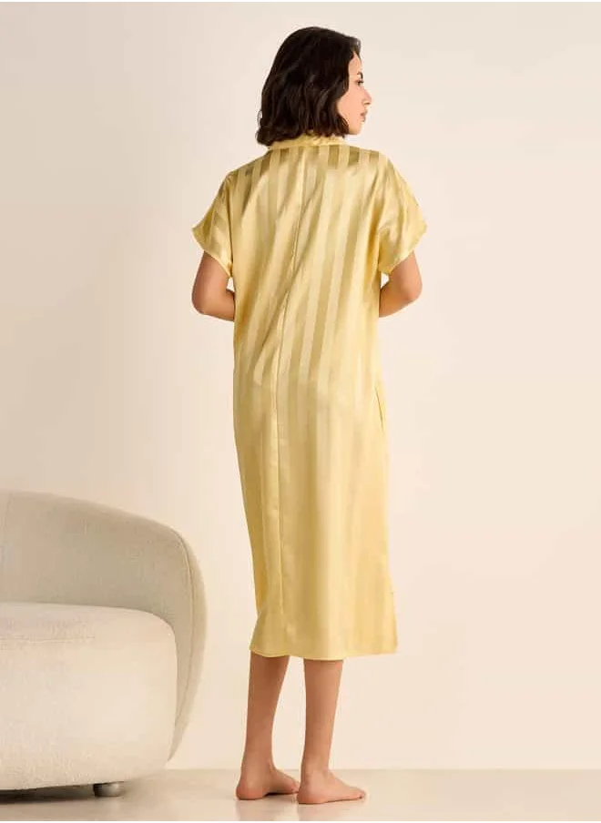 فاف Striped Jacquard Night Dress with Collar and Short Sleeves