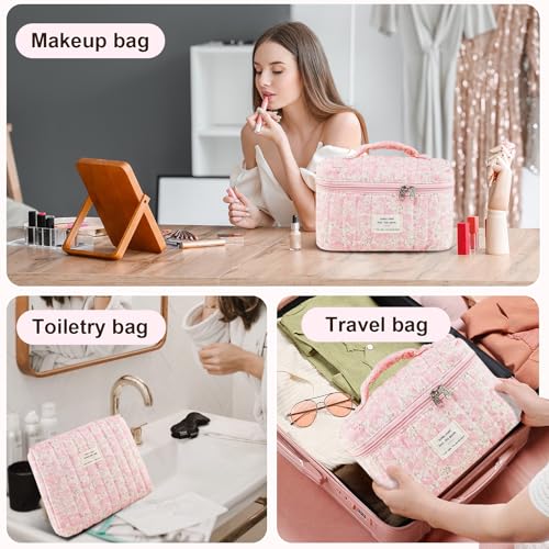 GISMTR 3Pcs Makeup Bag Cotton Quilted Travel Cosmetic Bag Cute Floral Makeup Pouch Large Toiletry Bag for Women Girls (Flowers-Pink3) - Image 2
