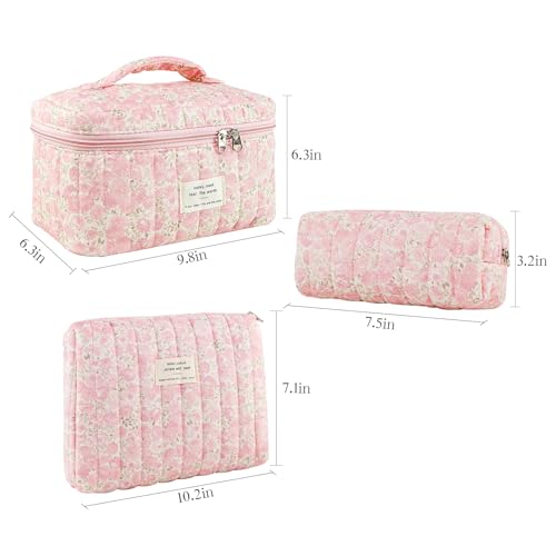 GISMTR 3Pcs Makeup Bag Cotton Quilted Travel Cosmetic Bag Cute Floral Makeup Pouch Large Toiletry Bag for Women Girls (Flowers-Pink3) - Image 5