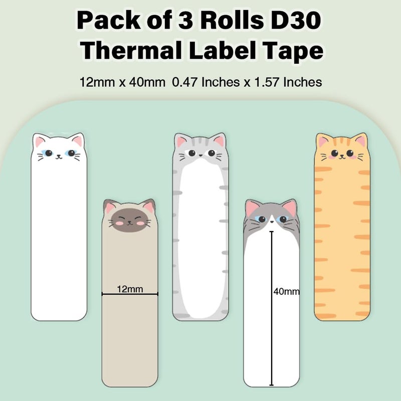 Phomemo D30 Label Maker Tape, Black on Cats Patterns Vertical Label Tape, Special Shapes Pre-Cut Self-Adhesive Sticker Thermal Paper Label Tag, 12 x 40mm (0.47 x 1.57) 3-Roll - Image 2