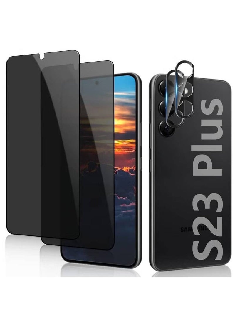 【2+2 Packs】 For Samsung Galaxy S23 Plus Privacy Screen Protector With 2 Packs Camera Lens Protector, Fingerprint Unlock, 9H Hardness, Scratch Resistant, Bubble-Free, Tempered Glass For Galaxy S23 Pl  - Image 1