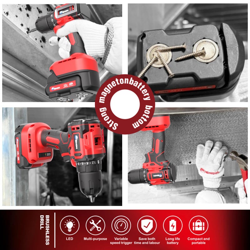 ENON Brushless Cordless Drill Set,12V Power Drill Set with Battery and Charger, Electric Driver/Drill Bits, 3/8'' Keyless Chuck,20+1 Torque Setting, 300 inch-lbs, with LED Electric Drill Set - Image 2