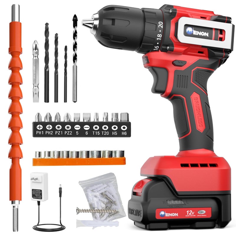 ENON Brushless Cordless Drill Set,12V Power Drill Set with Battery and Charger, Electric Driver/Drill Bits, 3/8'' Keyless Chuck,20+1 Torque Setting, 300 inch-lbs, with LED Electric Drill Set - Image 1