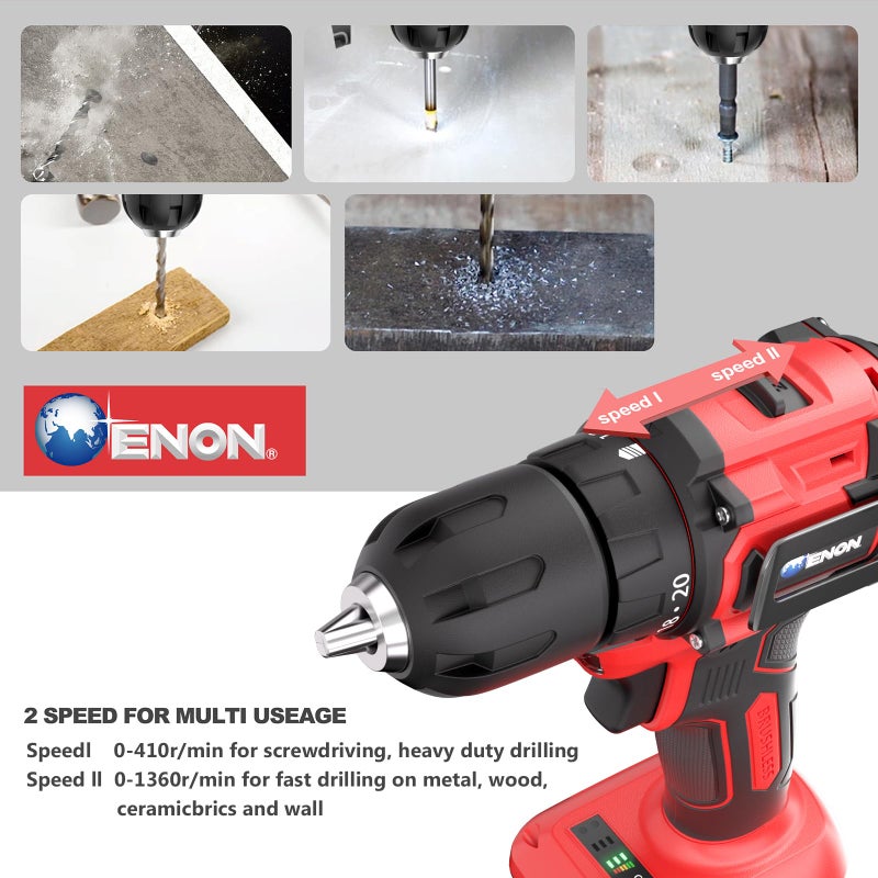 ENON Brushless Cordless Drill Set,12V Power Drill Set with Battery and Charger, Electric Driver/Drill Bits, 3/8'' Keyless Chuck,20+1 Torque Setting, 300 inch-lbs, with LED Electric Drill Set - Image 4