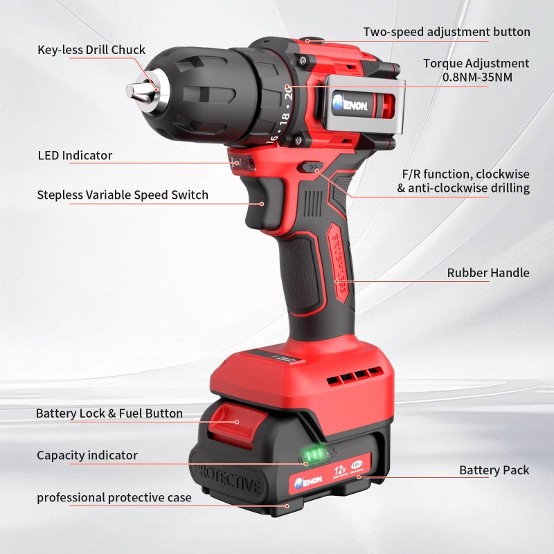 ENON Brushless Cordless Drill Set,12V Power Drill Set with Battery and Charger, Electric Driver/Drill Bits, 3/8'' Keyless Chuck,20+1 Torque Setting, 300 inch-lbs, with LED Electric Drill Set - Image 3