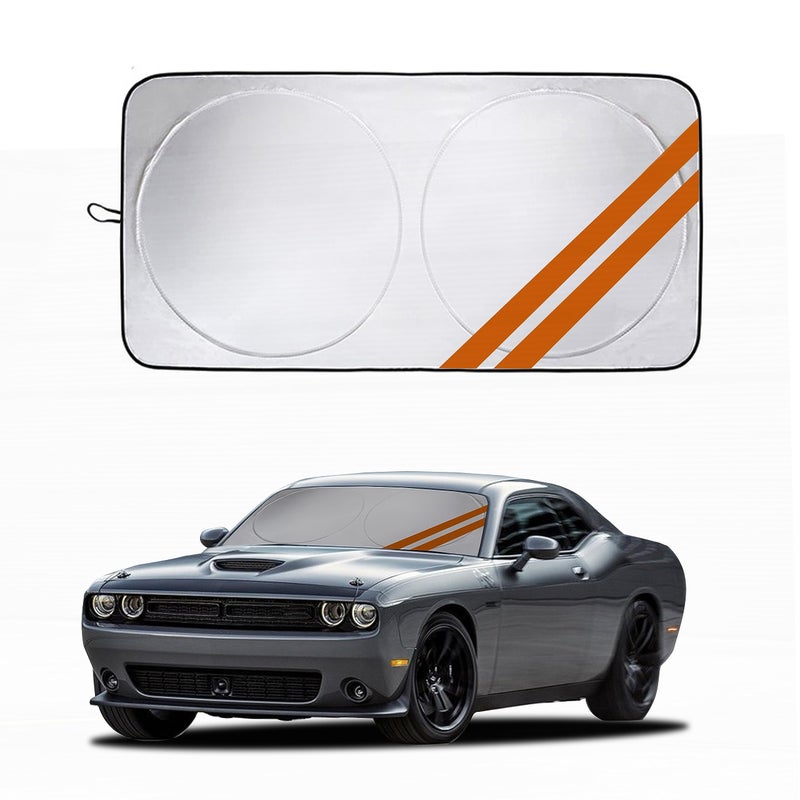 Front Windshield Sun Shade Fit for Dodge Charger Challenger Durango Journey Universal Fit to All Dodge Cars Foldable Sun Visor Protector Custom Fit Dodge Window Sunhade Orange Trim