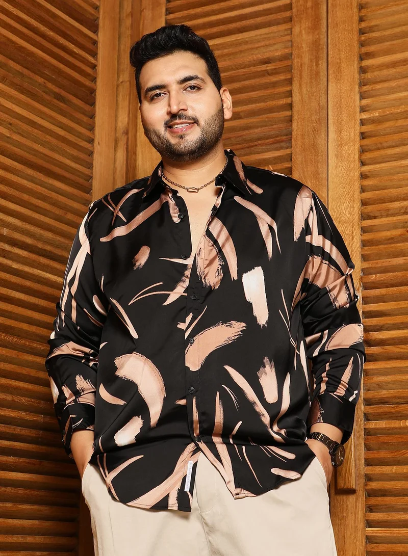 Instafab Plus Instafab Plus Men's Black & Beige Contrast-Strokes Imprint Shirt | Spread Collar , Long Cuffed Sleeves , Button Closure , Curved Hemline | Abstract-Print Plain Polyester For Street & Casual Wear