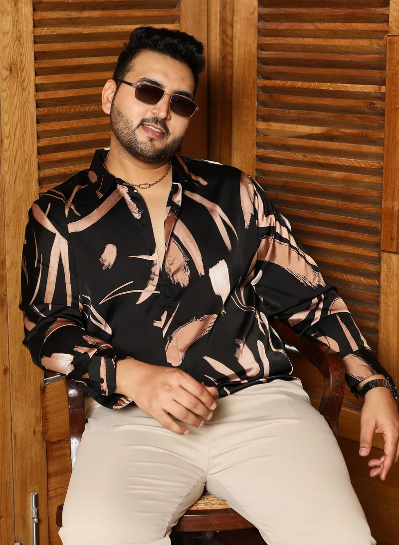 Instafab Plus Instafab Plus Men's Black & Beige Contrast-Strokes Imprint Shirt | Spread Collar , Long Cuffed Sleeves , Button Closure , Curved Hemline | Abstract-Print Plain Polyester For Street & Casual Wear