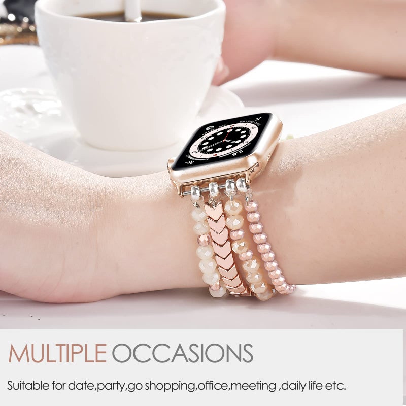 MOFREE Beaded Bracelet Apple Watch Band for Women 38mm 40mm 41mm 42mm, Elastic Stretch Women Strap Bands Compatible with iWatch Series 11/10/9/8/7/SE/6/5/4/3/2/1, Rose Gold for 5.3''-6.2'' Wrists - Image 4