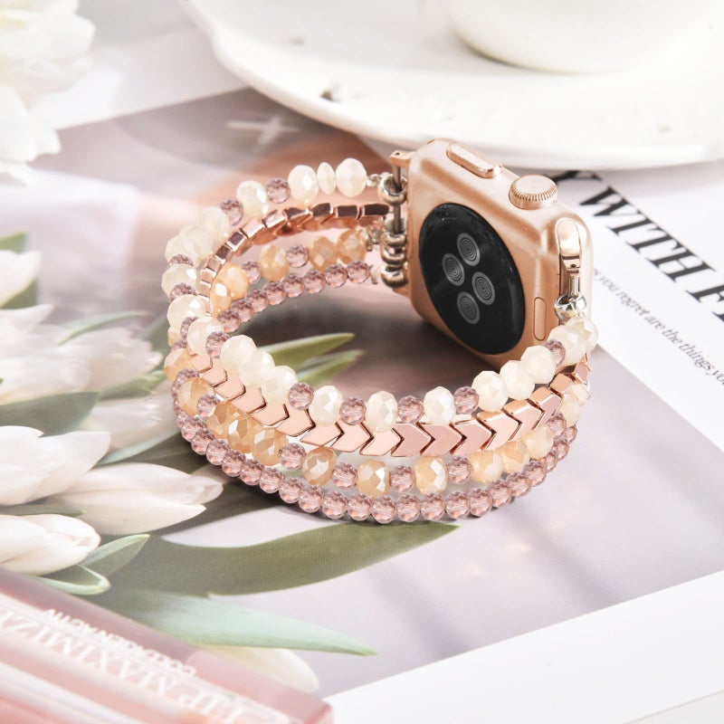 MOFREE Beaded Bracelet Apple Watch Band for Women 38mm 40mm 41mm 42mm, Elastic Stretch Women Strap Bands Compatible with iWatch Series 11/10/9/8/7/SE/6/5/4/3/2/1, Rose Gold for 5.3''-6.2'' Wrists - Image 2