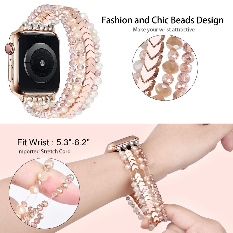 MOFREE Beaded Bracelet Apple Watch Band for Women 38mm 40mm 41mm 42mm, Elastic Stretch Women Strap Bands Compatible with iWatch Series 11/10/9/8/7/SE/6/5/4/3/2/1, Rose Gold for 5.3''-6.2'' Wrists - Image 3