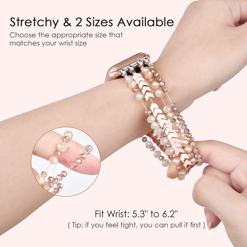 MOFREE Beaded Bracelet Apple Watch Band for Women 38mm 40mm 41mm 42mm, Elastic Stretch Women Strap Bands Compatible with iWatch Series 11/10/9/8/7/SE/6/5/4/3/2/1, Rose Gold for 5.3''-6.2'' Wrists - Image 2