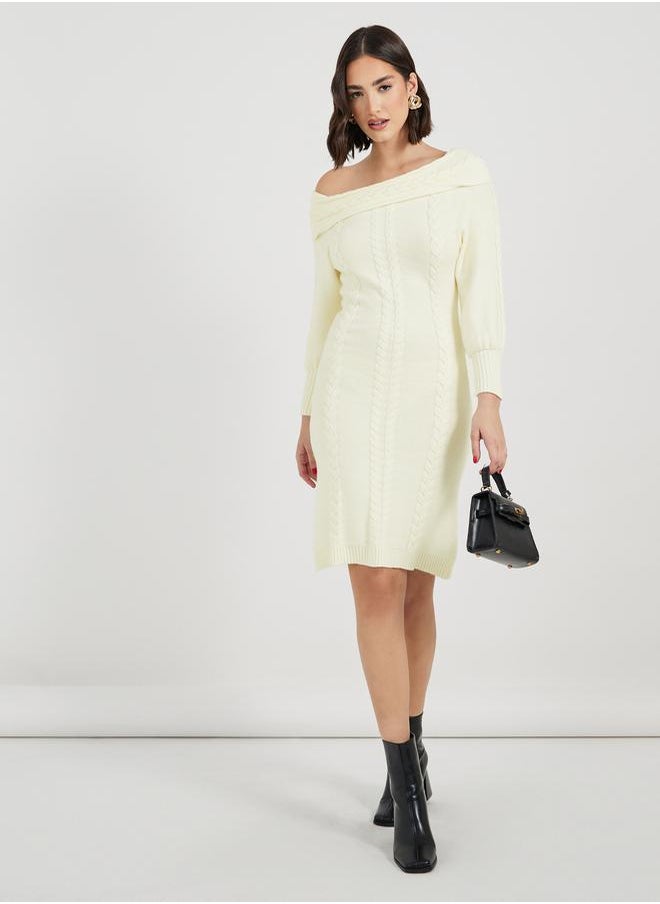 Styli Plain Off Shoulder Sweater Knee-Length Dress  - Image 1