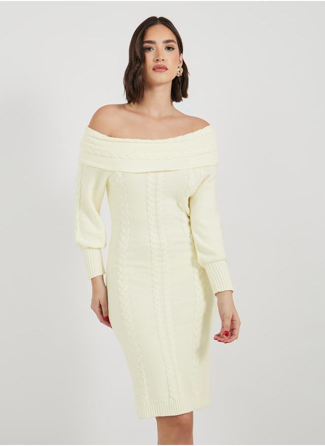 Styli Plain Off Shoulder Sweater Knee-Length Dress  - Image 2