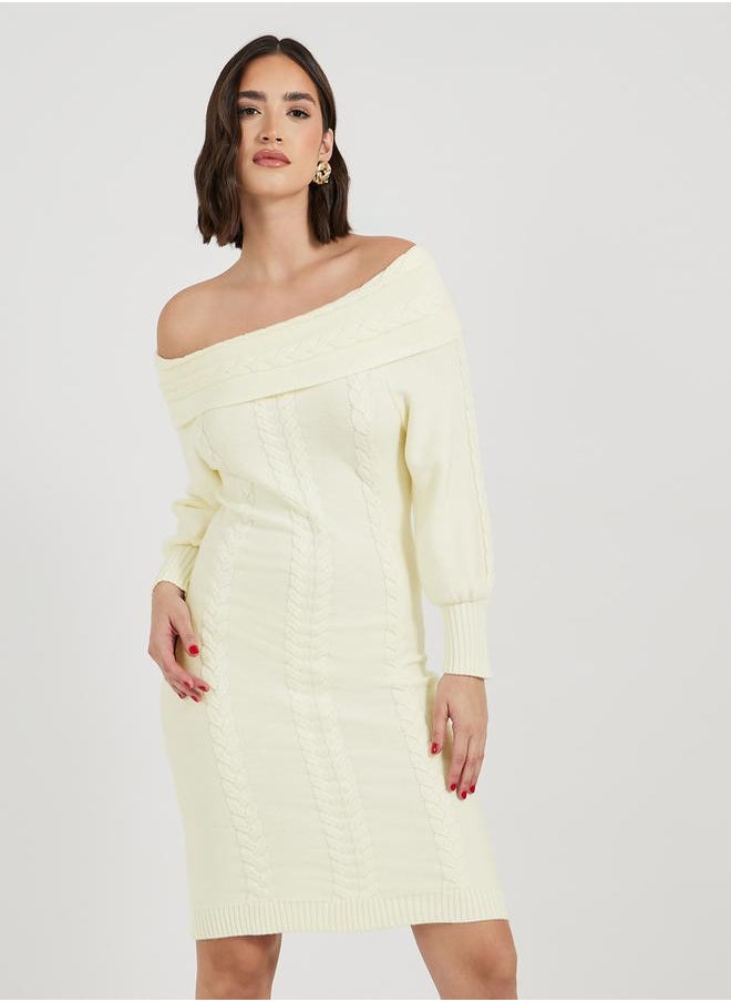 Styli Plain Off Shoulder Sweater Knee-Length Dress  - Image 5