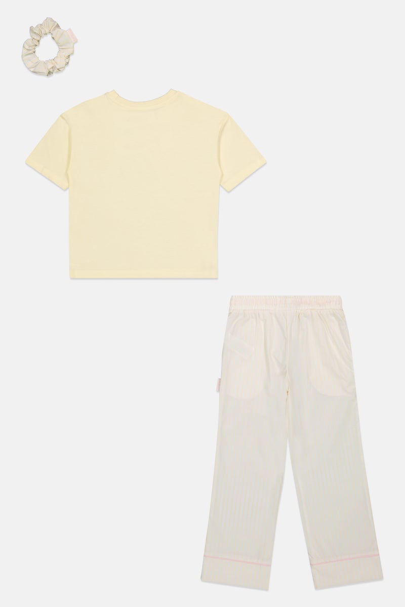 Fudo Lounge By Fudo Kids Girl 3 Pieces Embroidered Logo Top And Pyjama With Scruchie, Yellow - Image 3