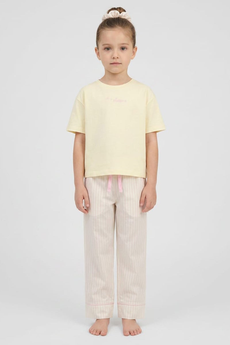 Fudo Lounge By Fudo Kids Girl 3 Pieces Embroidered Logo Top And Pyjama With Scruchie, Yellow - Image 1