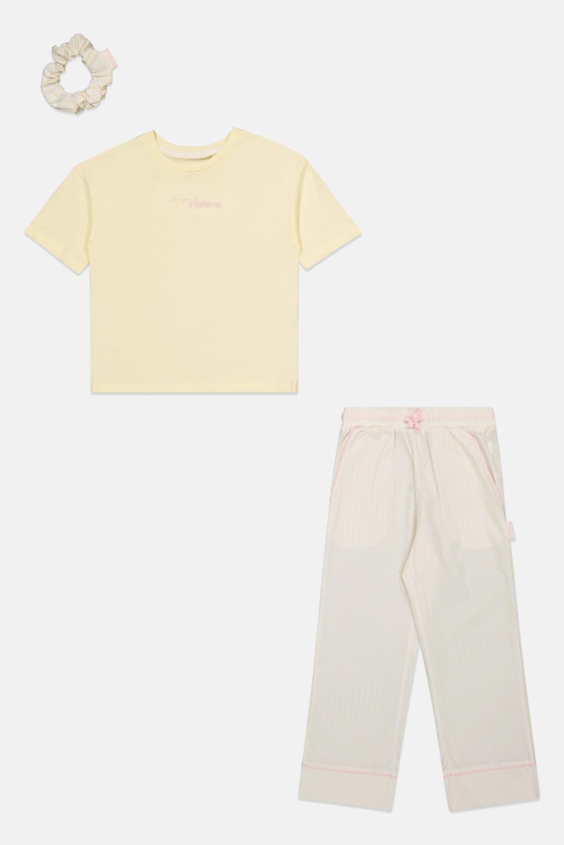 Fudo Lounge By Fudo Kids Girl 3 Pieces Embroidered Logo Top And Pyjama With Scruchie, Yellow - Image 2