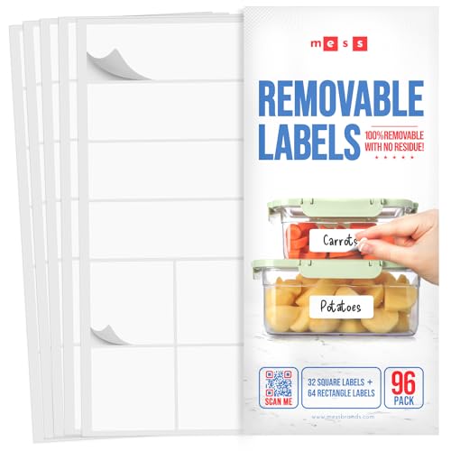 MESS Removable Food Labels for Containers (96-Pack) 1x3" & 1.5" Erasable Kitchen Labels for Organizing, Freezer & Fridge, White Dry Erase Labels for Jars - Image 1