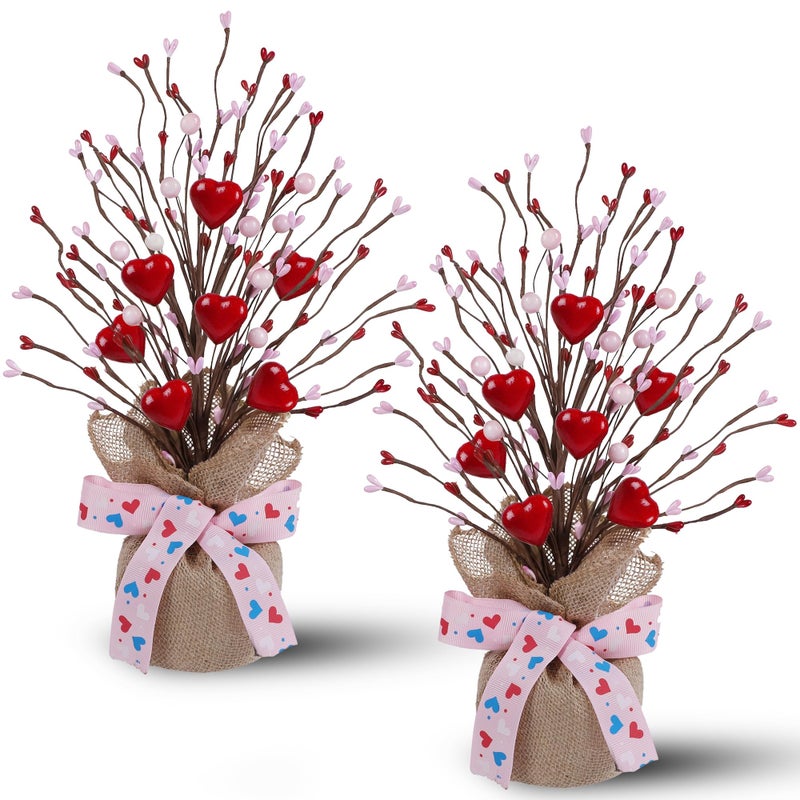 دكتور دودو شجرة عيد الحب من دكتور دودو، عبوة من قطعتين، مقاس 14 بوصة، مزينة بقلب وردي وأحمر، لتزيين طاولة عيد الحب في المنزل، أشجار اصطناعية للمدفأة، قطعة مركزية لتزيين الطاولة - Image 1