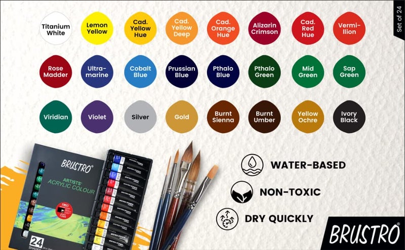 BRUSTRO Acrylic Paint Colour Set | Set of 24 Colours X 12ml Tubes | Highly pigmented, Opaque Colors, Intermixable, Great Opacity, Perfect for Students, Adults, Beginners, Professionals and Artists. - Image 4