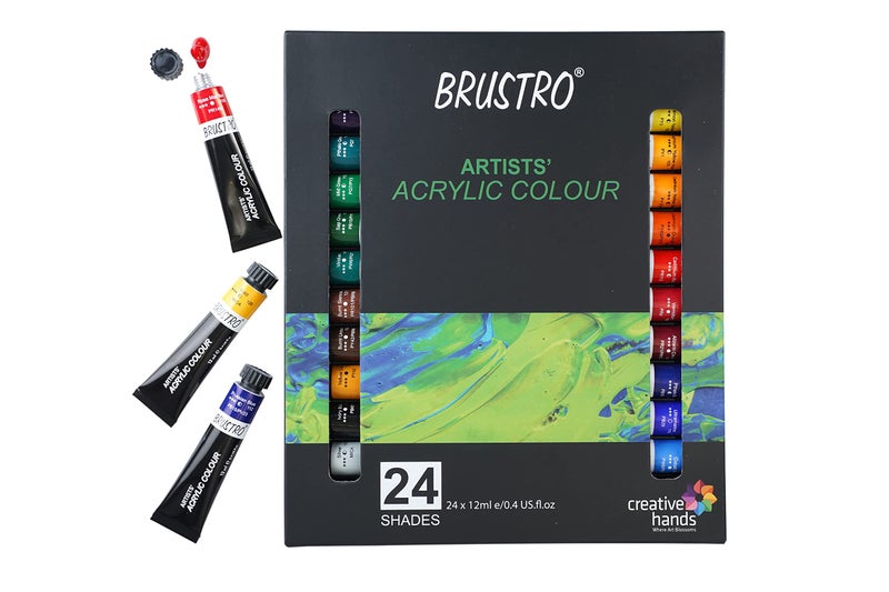 BRUSTRO Acrylic Paint Colour Set | Set of 24 Colours X 12ml Tubes | Highly pigmented, Opaque Colors, Intermixable, Great Opacity, Perfect for Students, Adults, Beginners, Professionals and Artists. - Image 1