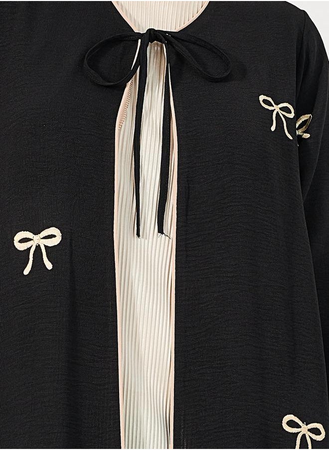Styli - Bow Embroidery Detail Tie-Up Jalabiya - Image 1