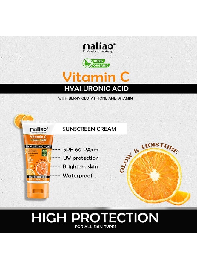 Maliao Vitamin C Sunscreen Cream SPF 60+ PA+++ | With Berry Glutathione & Hyaluronic Acid | Waterproof & Sweatproof | Brightening & Anti-Aging Sunblock | For All Skin Types | 100g - Image 3