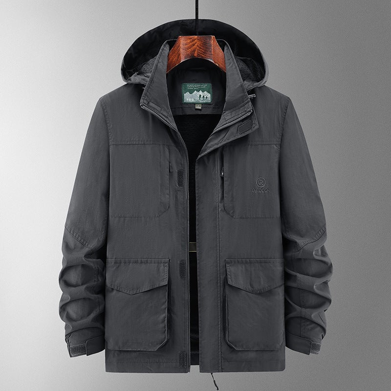 Multi-flap Pocket Pants Work Jacket Mens Spring and Autum Loose Casual Jacket Outdoor Windproof Mountaineering Jacket with logo Gray