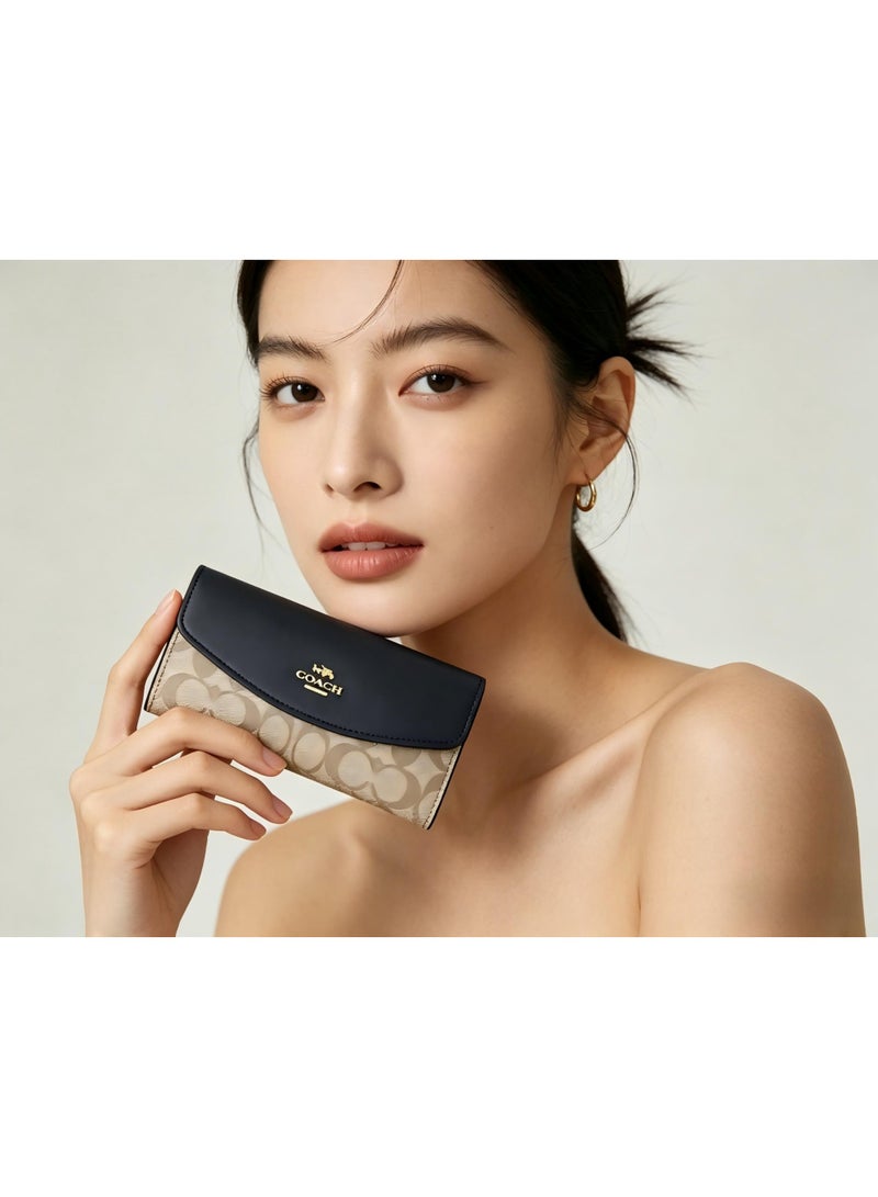coachoutlet Women's Long Wallet Leather Card Holder Wallet Women's Elegant Clutch Black Stitching Khaki Classic - Image 2