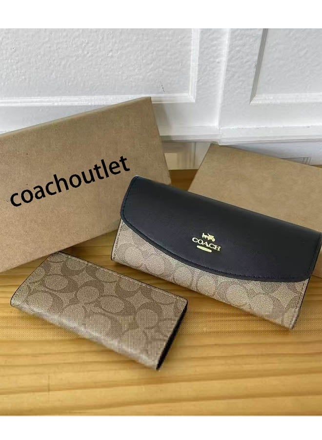 coachoutlet Women's Long Wallet Leather Card Holder Wallet Women's Elegant Clutch Black Stitching Khaki Classic - Image 1