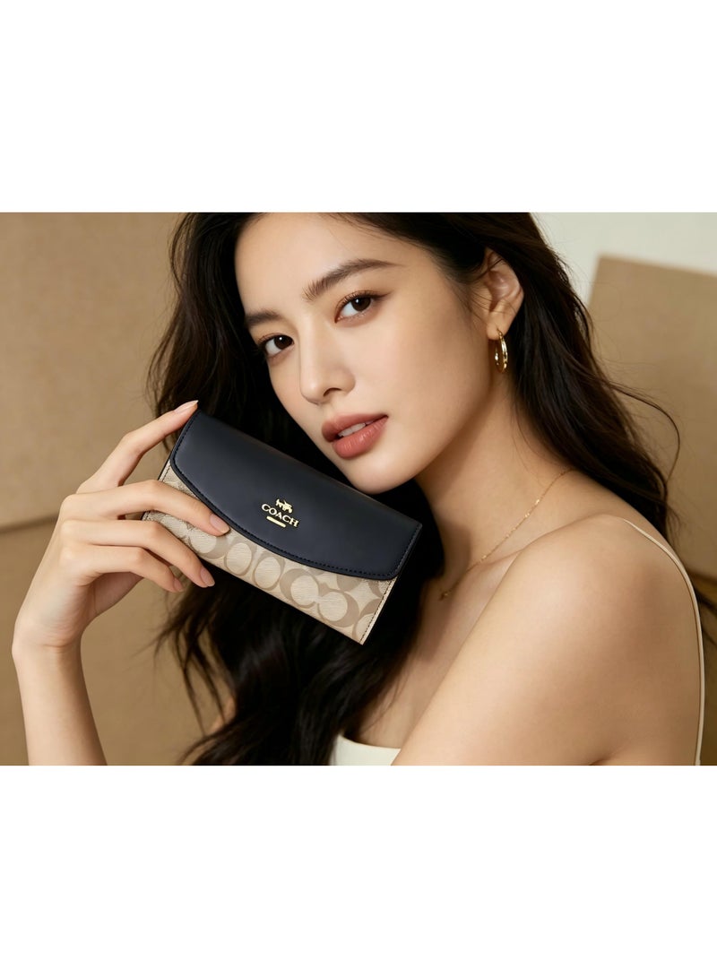 coachoutlet Women's Long Wallet Leather Card Holder Wallet Women's Elegant Clutch Black Stitching Khaki Classic - Image 3