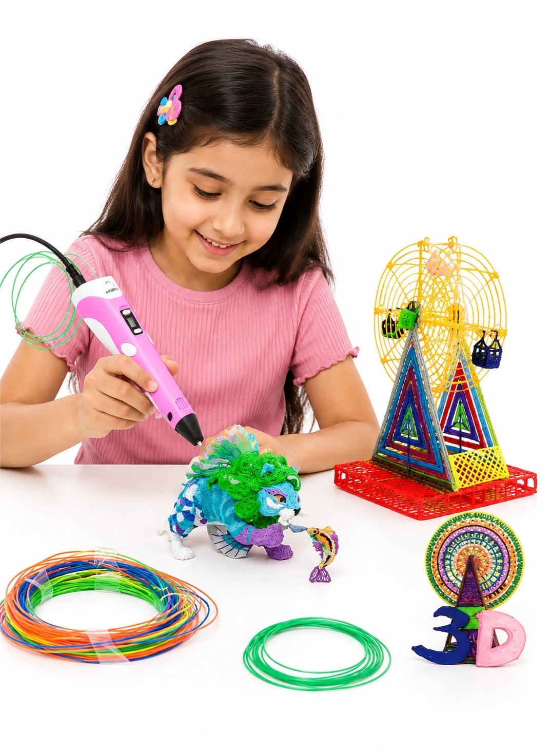 3D Pen for Kids with Adapter & PLA Filaments - 3D Printing Pen Set with LCD Display, Speed & Temp Control - DIY Arts & Craft Model Kit for Kids & Adults Pink Colour