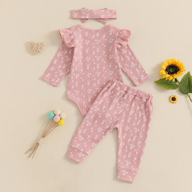 allshope Baby Girl Fall Clothes Set Floral Print Long Sleeve Romper Pants Set Cute Infant Newborn Outfit 3 6 9 12 18 Months (Floral Pink, 0-3 Months) - Image 3