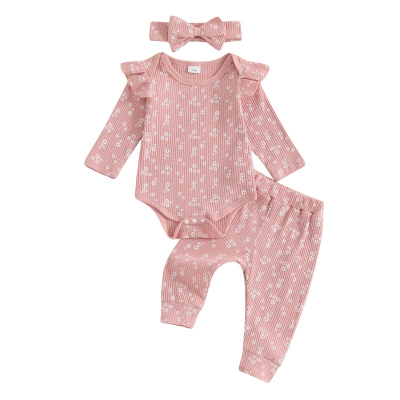 allshope Baby Girl Fall Clothes Set Floral Print Long Sleeve Romper Pants Set Cute Infant Newborn Outfit 3 6 9 12 18 Months (Floral Pink, 0-3 Months) - Image 1