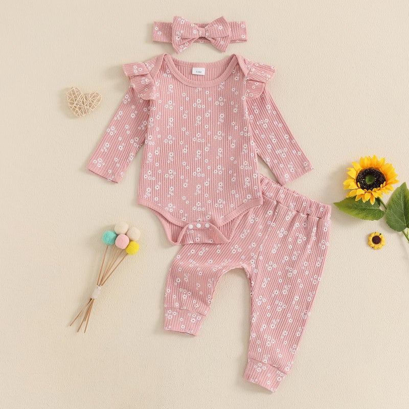 allshope Baby Girl Fall Clothes Set Floral Print Long Sleeve Romper Pants Set Cute Infant Newborn Outfit 3 6 9 12 18 Months (Floral Pink, 0-3 Months) - Image 2