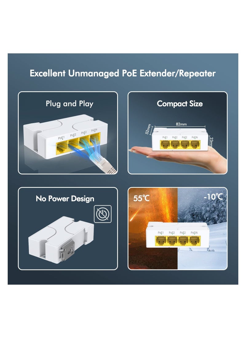 Y&D - Poe Extender Gigabit, With 3 Out, Ieee 802.3af/At Mini 4 Channel Repeater 1000mbps, Wall And Din Rail Mount Passthrough Amplifier/Booster, Plug Play, Port, No Setup Power - Image 1