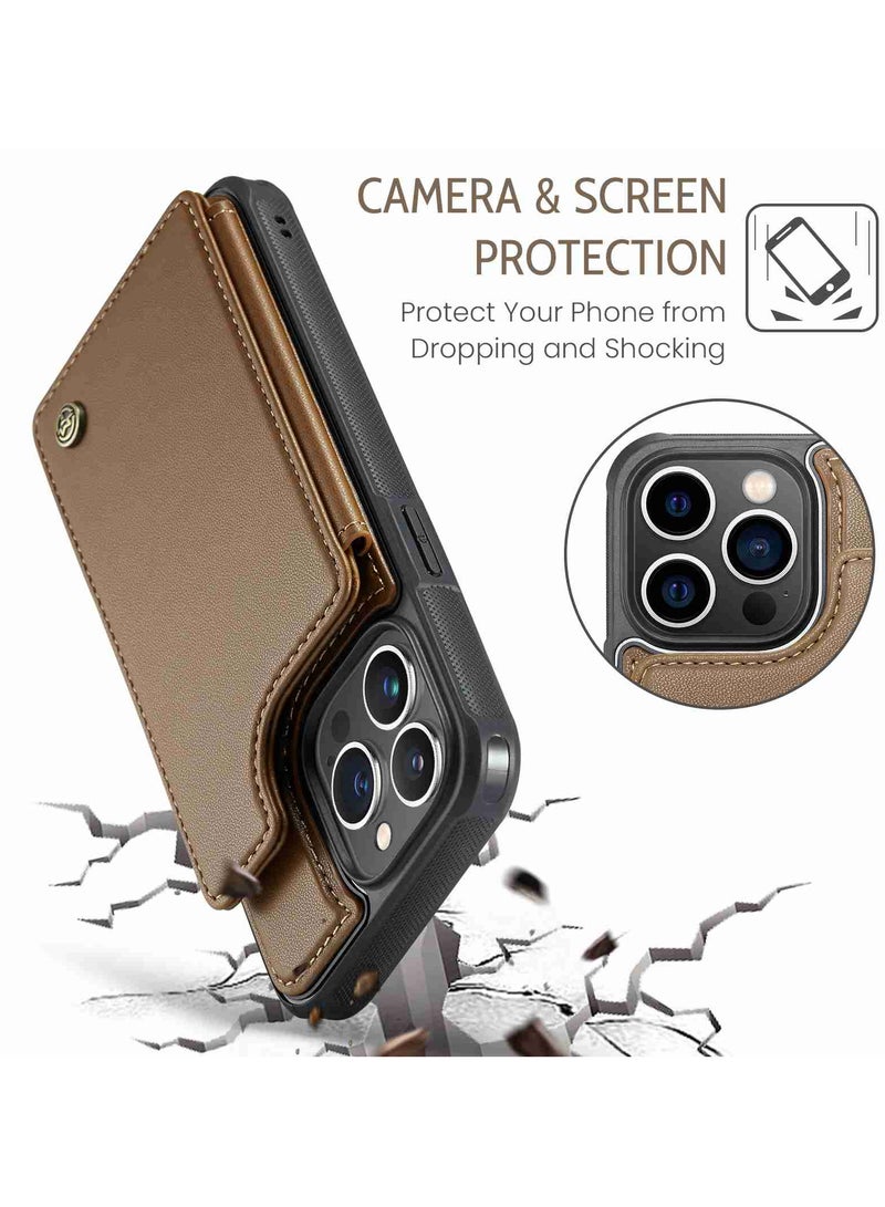 CaseMe Wallet Case for iPhone 14 Pro Max, Premium Handmade Durable PU Leather Slim Shockproof Case with [Double Magnetic Clasp] [Card Holder] [Kickstand] [RFID Blocking] (Brown) - Image 5