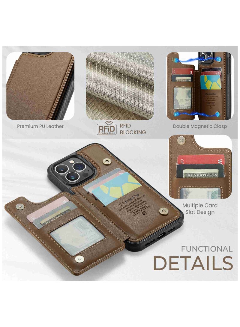 CaseMe Wallet Case for iPhone 14 Pro Max, Premium Handmade Durable PU Leather Slim Shockproof Case with [Double Magnetic Clasp] [Card Holder] [Kickstand] [RFID Blocking] (Brown) - Image 4