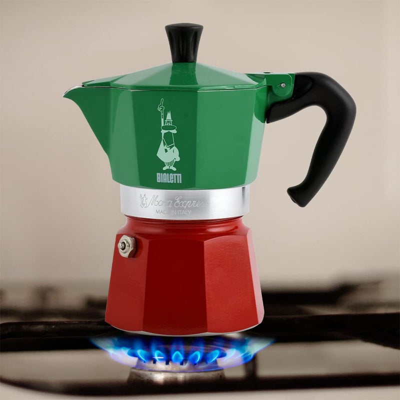 BIALeTTI بيالتي - مجموعة موكا إكسبريس إيطاليا: صانعة الإسبريسو الأيقونية على الموقد، تصنع قهوة إيطالية حقيقية، وعاء موكا 3 أكواب (4.3 أونصة - 130 مل)، ألمنيوم، ملون بالأحمر والأخضر والفضي - Image 4