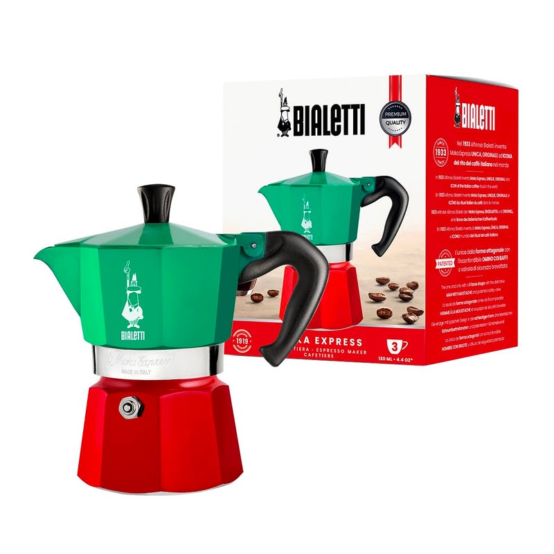 BIALeTTI بيالتي - مجموعة موكا إكسبريس إيطاليا: صانعة الإسبريسو الأيقونية على الموقد، تصنع قهوة إيطالية حقيقية، وعاء موكا 3 أكواب (4.3 أونصة - 130 مل)، ألمنيوم، ملون بالأحمر والأخضر والفضي - Image 1
