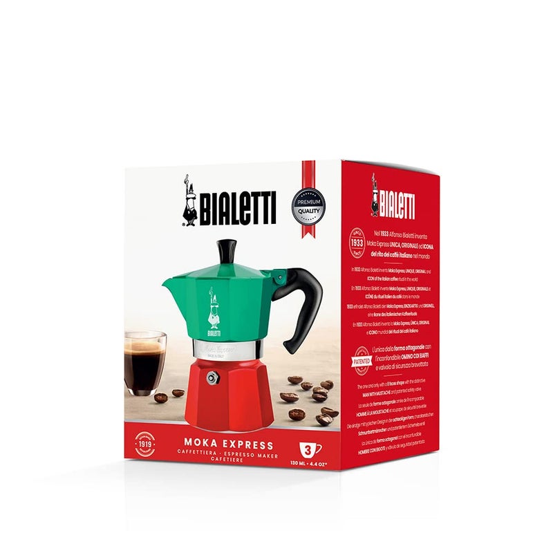 BIALeTTI بيالتي - مجموعة موكا إكسبريس إيطاليا: صانعة الإسبريسو الأيقونية على الموقد، تصنع قهوة إيطالية حقيقية، وعاء موكا 3 أكواب (4.3 أونصة - 130 مل)، ألمنيوم، ملون بالأحمر والأخضر والفضي - Image 5