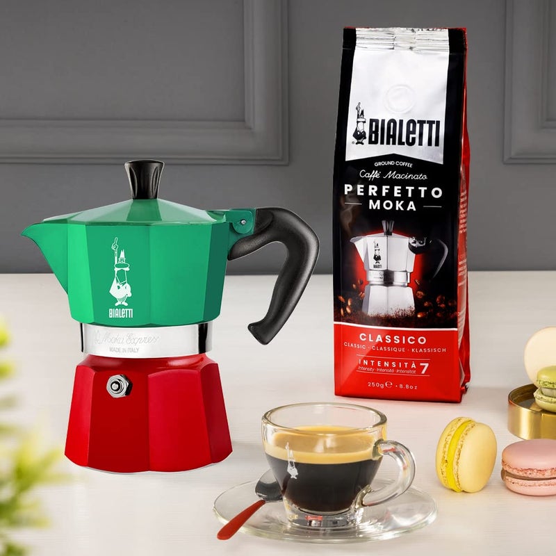 BIALeTTI بيالتي - مجموعة موكا إكسبريس إيطاليا: صانعة الإسبريسو الأيقونية على الموقد، تصنع قهوة إيطالية حقيقية، وعاء موكا 3 أكواب (4.3 أونصة - 130 مل)، ألمنيوم، ملون بالأحمر والأخضر والفضي - Image 3