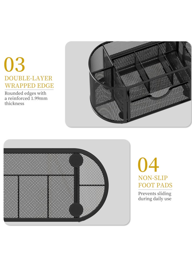 Excefore Mesh Desk Organizer, Desk Organizer Stationery Storage, Pencil Holder for Desk with 9 Compartments and Mini Drawer, Wire Mesh Office Supplies Desk Accessories & Workspace Organizers (Black)  - Image 5