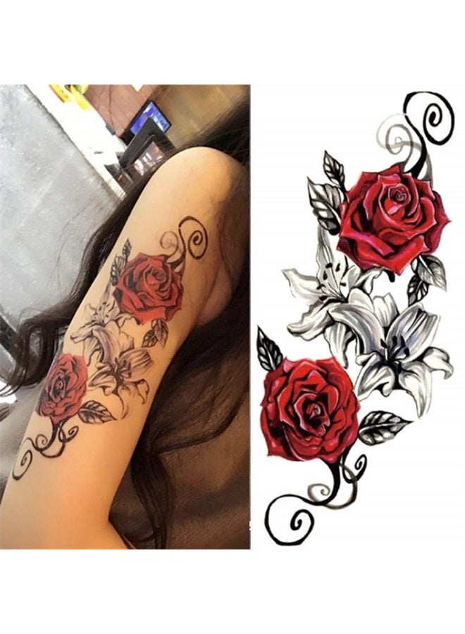 4 Sheets Large Temporary Tattoo Sticker Fake Tattoos for Women Girls Models,Waterproof Long Lasting Body Art Makeup Sexy Realistic Arm Tattoos -Rose, Flowers，Jewelry 5.9x8.26inche (A)