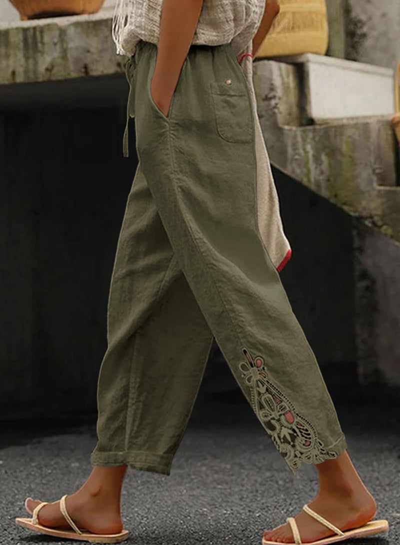 Acelitt Women Casual Linen Pants Lightweight Drawstring Elastic Waist Fall Fashion 2026 Beach Capri Pants Trousers Green Large - Image 2
