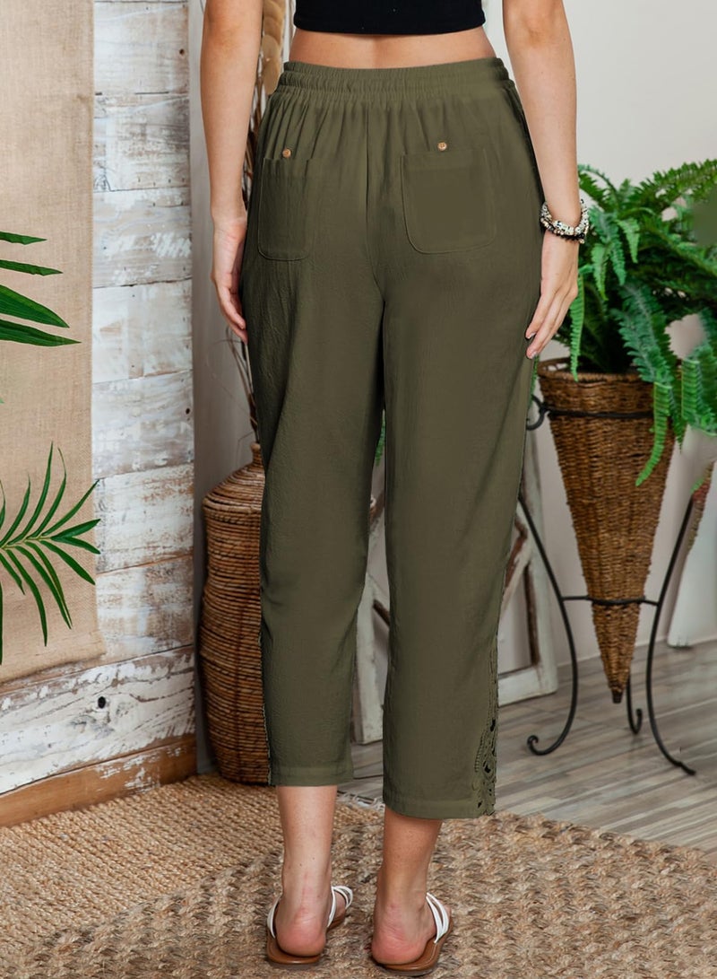 Acelitt Women Casual Linen Pants Lightweight Drawstring Elastic Waist Fall Fashion 2026 Beach Capri Pants Trousers Green Large - Image 5
