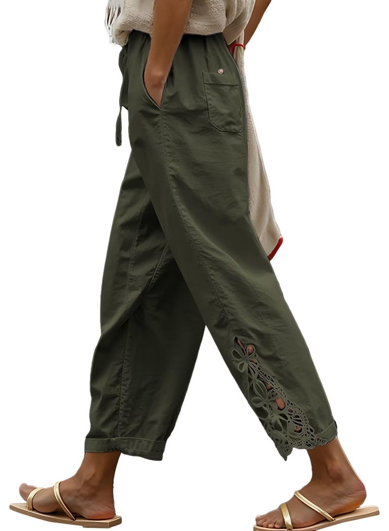 Acelitt Women Casual Linen Pants Lightweight Drawstring Elastic Waist Fall Fashion 2026 Beach Capri Pants Trousers Green Large - Image 1
