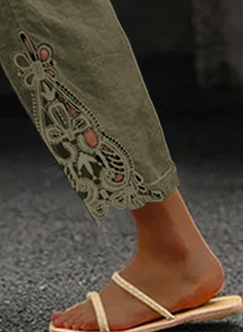 Acelitt Women Casual Linen Pants Lightweight Drawstring Elastic Waist Fall Fashion 2026 Beach Capri Pants Trousers Green Large - Image 4