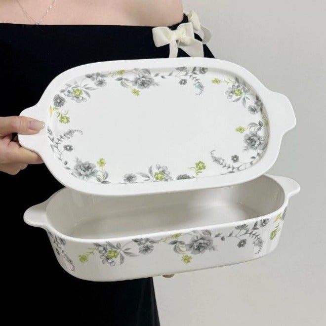 French Luxury Blue Bow Floral Baking Rectangular Ceramic Tray with Lid